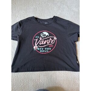 Vans Graphic Y2K T-Shirt Womens Medium Black Crop Skull Rose Skater Boxy Tee